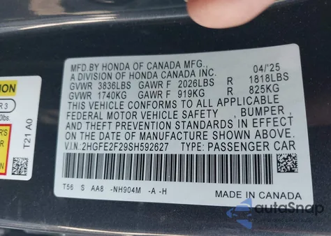 2025 Honda Civic Lx from USA, damaged, VIN 2HGFE2F29SH592627